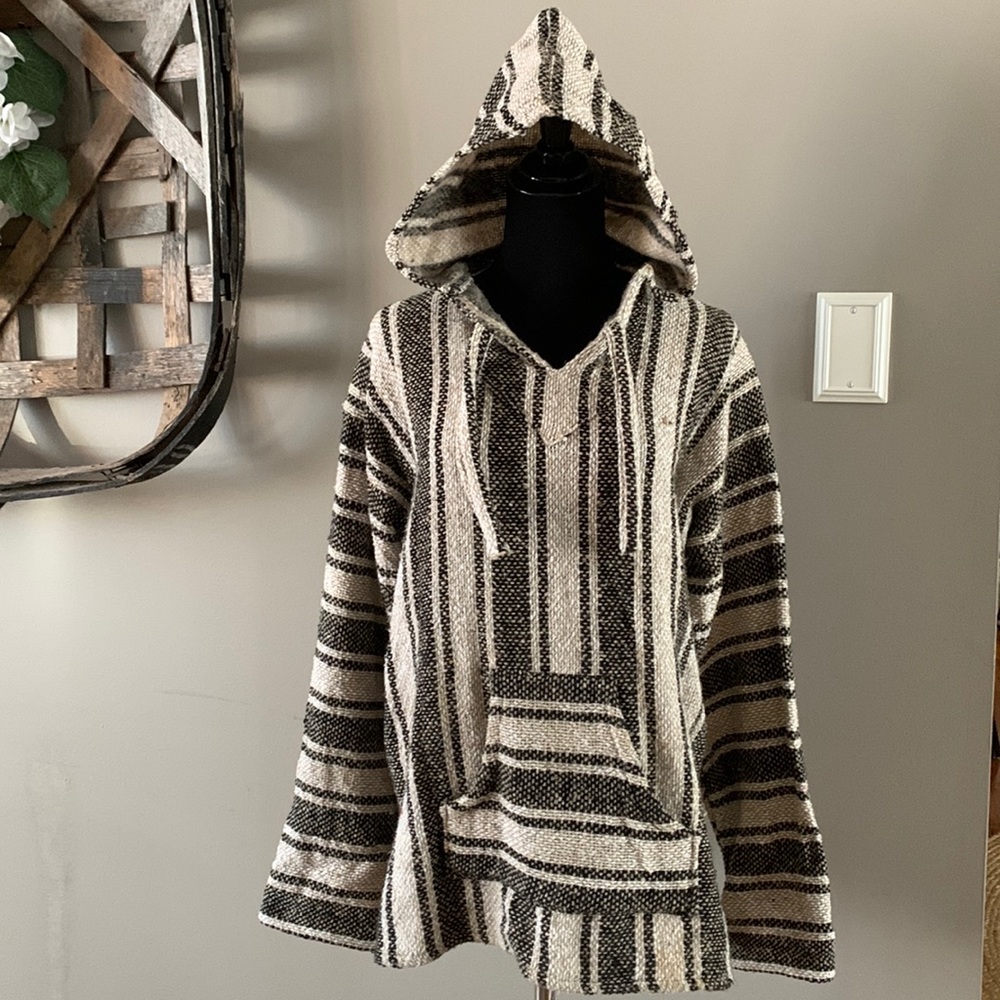 Baja Hoodie sweater (L) black/cream, made in Mexico, pullover.